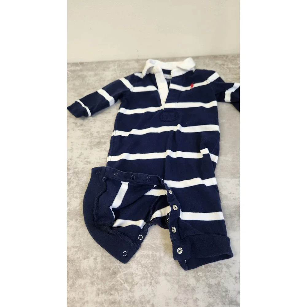 Ralph Lauren Rugby Romper Baby 3M Navy Blue Striped Polo Unisex Preppy Luxury